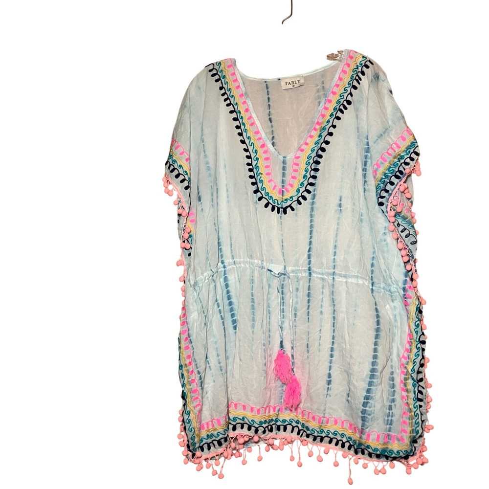 Fable Kaftan Swim Cover Up Womens S/M Blue Tie Dye Embroidered Pom Pom Boho